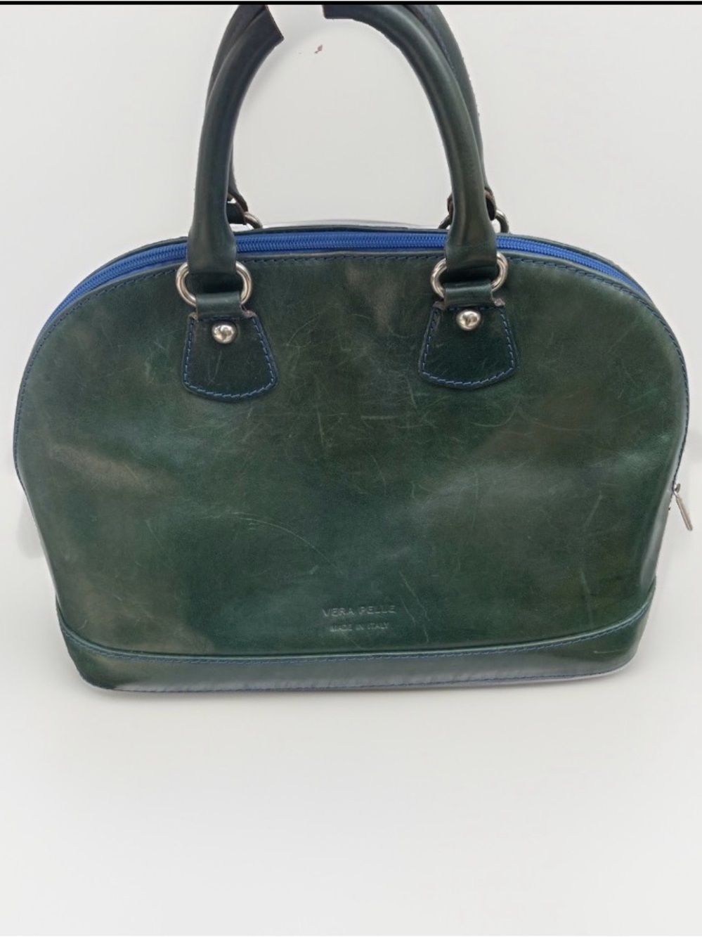 Vera Pelle Forest Green Leather Dome Satchel with Blue Trim